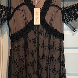 Black Sheer Embroidered Lace Chemise by